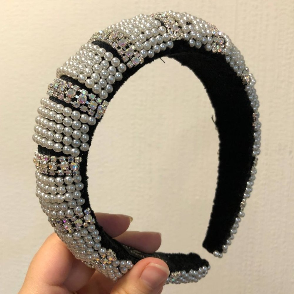 Pearl & Crystal Embellished Black Headband
